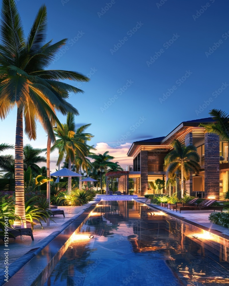 Fototapeta premium Luxurious Tropical Villa at Night with Infinity Pool, Palms, and Stunning Landscapes for Travel