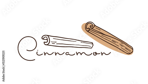 Cinnamon, Spicy. Cinnamomum bark. Doodle Cinnamon stick Outline vector illustration with inscription. Seasoning for food and drinks. Product sketch for packaging, sale, shop. Flavor cooking ingredient
