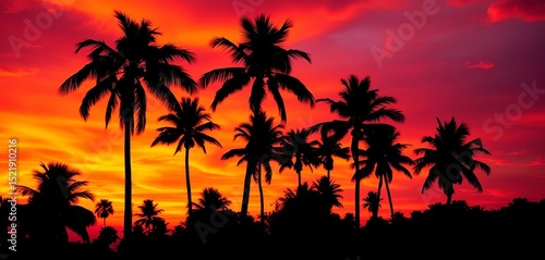 Fototapeta Naklejka Na Ścianę i Meble -  Silhouetted palm trees against a vibrant orange and purple sunset sky,  picturesque,  vacation