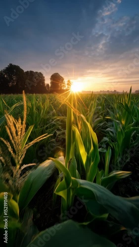 Vibrant sunrise over a field of young corn plants, with sunburst effect, agricultural landscape and rural countryside atmosphere