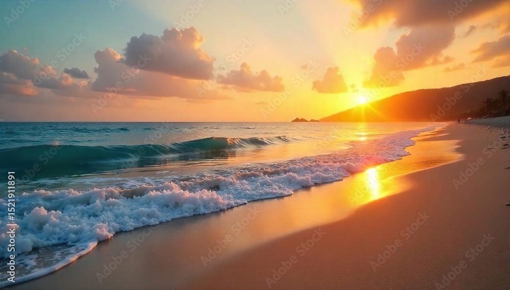 Serene beach scene at sunset, featuring soft golden light reflecting on calm ocean waves and a sandy shore Ideal for travel, vacation, or relaxation themes , serene, texture Serene beach scene at sunset, featuring soft golden light reflecting on calm ocean waves and a sandy shore Ideal for travel, vacation, or relaxation themes , serene, texture