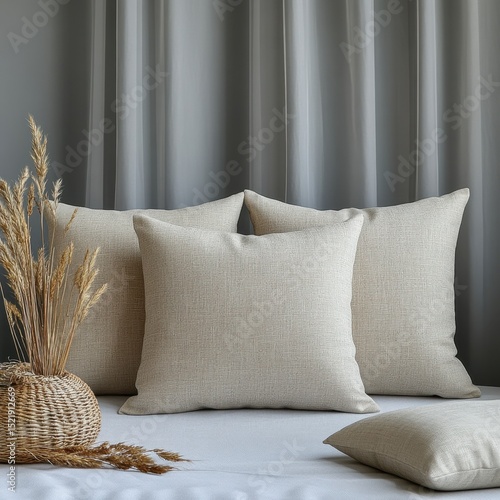 Decorative pillows and dried plants are displayed for home interior design