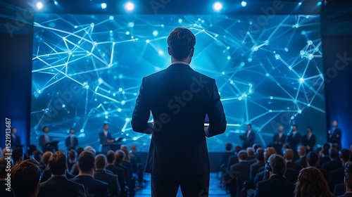 Confident businessman delivering a keynote speech at an international tech summit large audience futuristic stage design