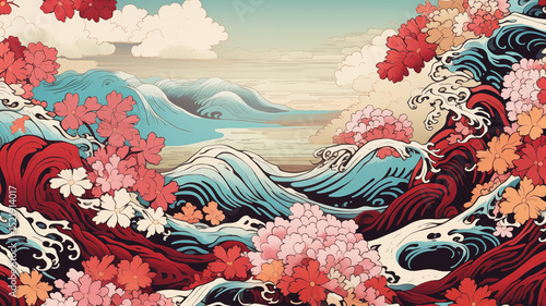 華やかな牡丹と波模様が織りなす和風アートの粋｜雅な世界観｜装飾花｜クラシックジャパニーズスタイル｜伝統文様｜高解像度｜装飾パターン｜背景素材