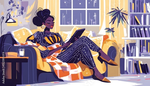Woman relaxing on a couch with a tablet.