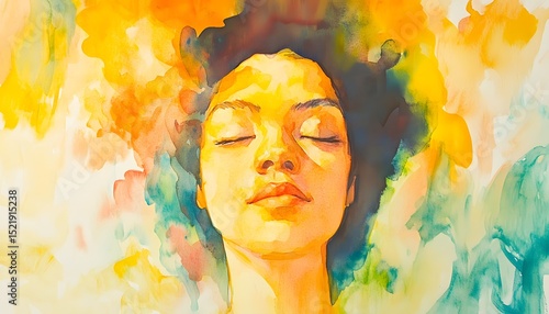 Watercolor portrait of a peaceful woman.