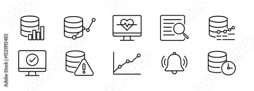 Data analysis line icon set. monitoring, database, alert outline icons collection