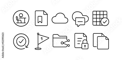 Workspace, productivity line icon set. cloud, planning, file management elements