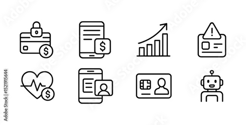 Finance and technology outline icon set: banking, payments, security, analytics