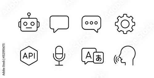 Technology and communication outline icon set. chat, robot, api icons linear collection