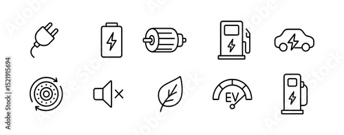 Electric vehicle line icon set: charging, electric motor, eco-friendly themes