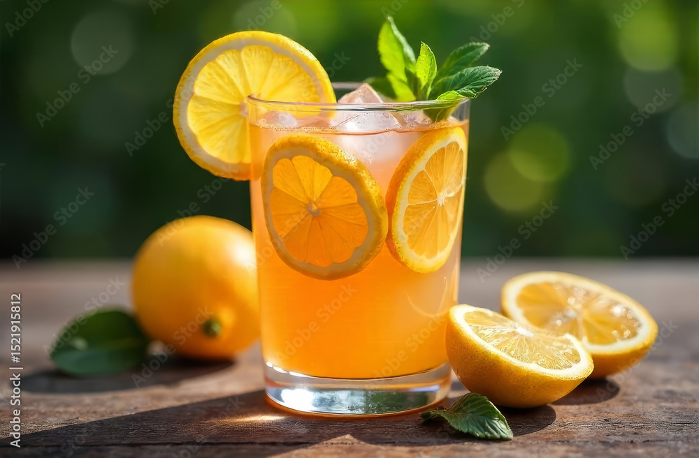 Fototapeta premium A refreshing glass of lemonade with lemon slices and mint leaves. Fresh lemons are placed beside the glass on a wooden surface. The scene conveys summer vibes. copy space