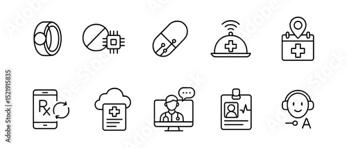 Medical, healthcare line icon set. telemedicine, pharmacy, cloud, doctor icons collection
