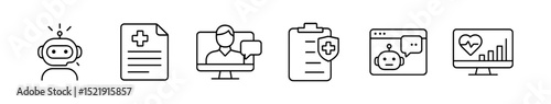 Healthcare technology icon set. medical, robot, telehealth, line style icons collection