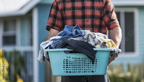 Laundry basket filled with clothes held by a person.