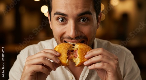 A man eating a tasty Brazilian coxinha