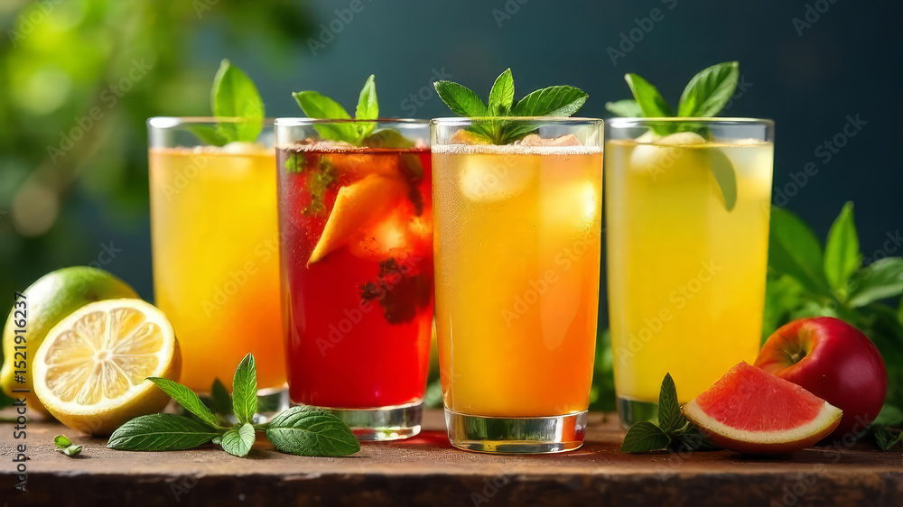 Fototapeta premium Four colorful summer drinks in glasses with mint leaves. Fresh fruits like lemon, apple, and grapefruit are placed nearby. Bright and refreshing summer vibe.