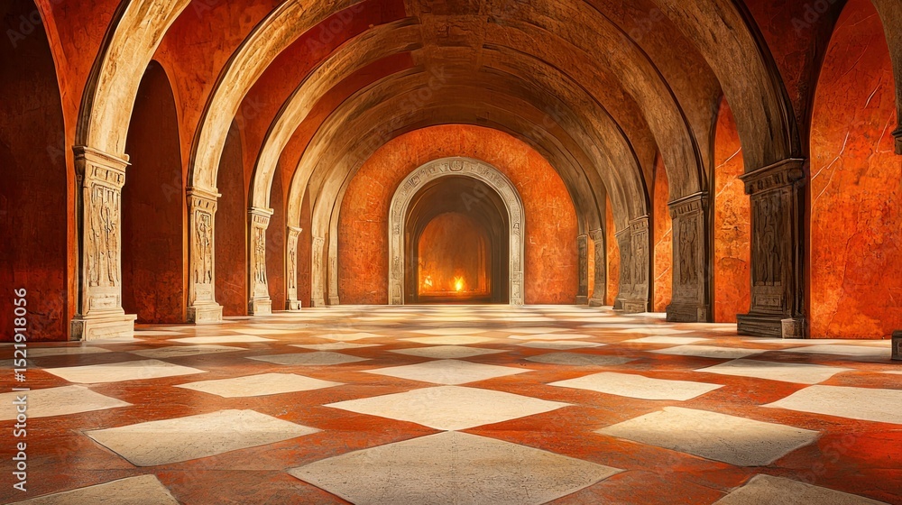 Fototapeta premium A grand arched hall featuring columns and a tiled flooring