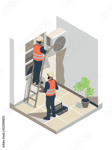 Technician on a ladder working on the installation or maintenance of a wall-mounted air conditioning system in a contemporary residential space.