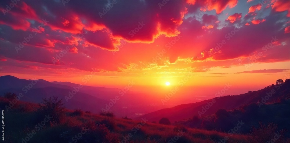 Fototapeta premium Stunning panoramic view of a vibrant sunset sky, filled with fiery oranges, deep reds, and soft pinks Perfect for travel, nature, and inspirational projects , orange, dramatic