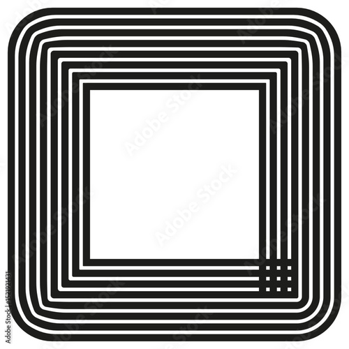 Layered square icon. Black concentric form. Vector geometric shape. White background pattern.