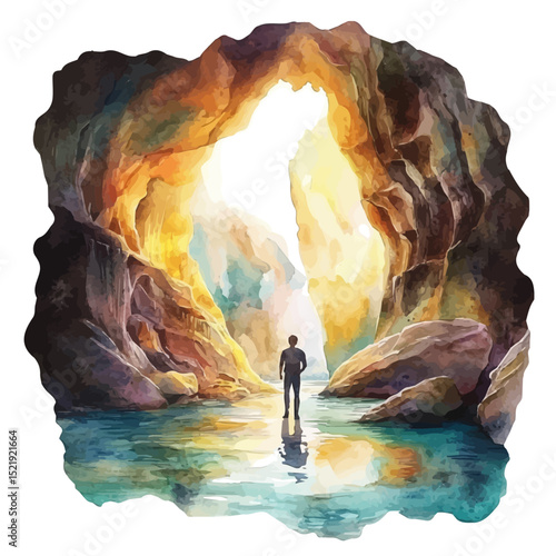 Cave Exploration, watercolor painting vector, high quality, isolated on a white background.