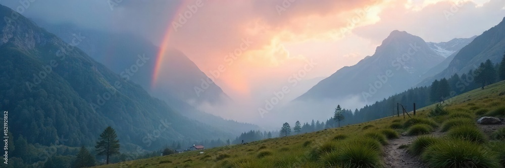 Obraz premium Ethereal arc of muted colors appearing in a misty mountain valley, a rare and beautiful atmospheric phenomenon A subtle, almost spectral rainbow , still, landscape, uncommon