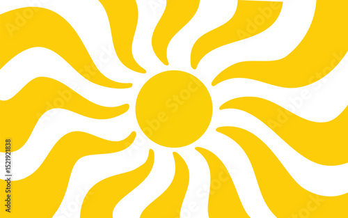 Yellow sun with wavy rays background. Poster with sunburst, sunrise or sunset in trendy 60 s 70s 80s groovy style. Preppy summer theme background. Modern psychedelic print. Vector flat illustration.