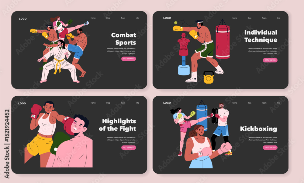 Fototapeta premium Combat Sports and Techniques Vector Illustration Set