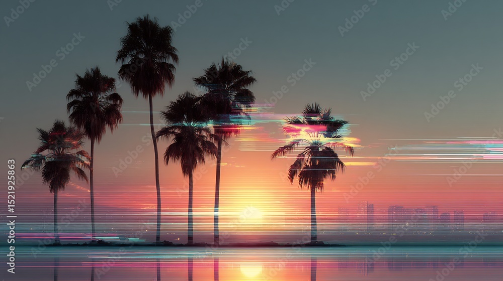 Obraz premium Aesthetic Sunset with Palm Trees and Digital Glitch Effects, a Modern Retrowave