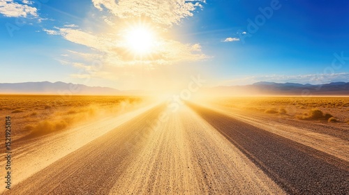Dirt road disappearing into bright sunlight over the desert landscape
