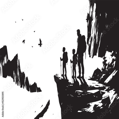 Hikers on a Cliff Edge Looking at Birds Silhouette