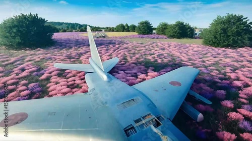 A surreal scene of a military jet resting peacefully in a vibrant field of pink and purple flowers under a bright sky