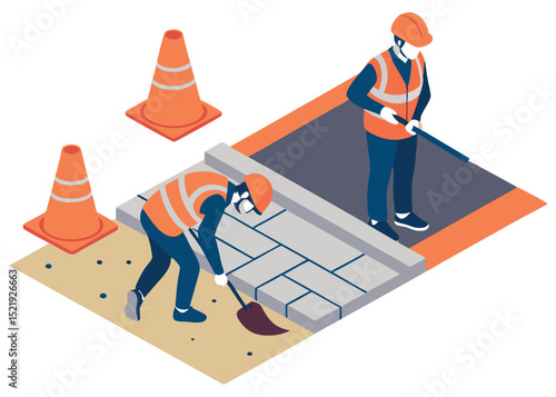 Isometric cartoon showing two workers in protective equipment fixing damaged pavement tiles on a city sidewalk.