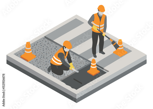 Urban sidewalk maintenance scene with two construction workers using tools to repair broken tiles, depicted in isometric cartoon form.