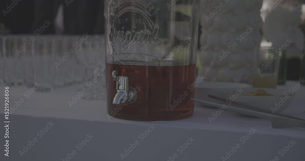 Fontaine de thé glacé posé sur une table de cocktail lors d'un mariage