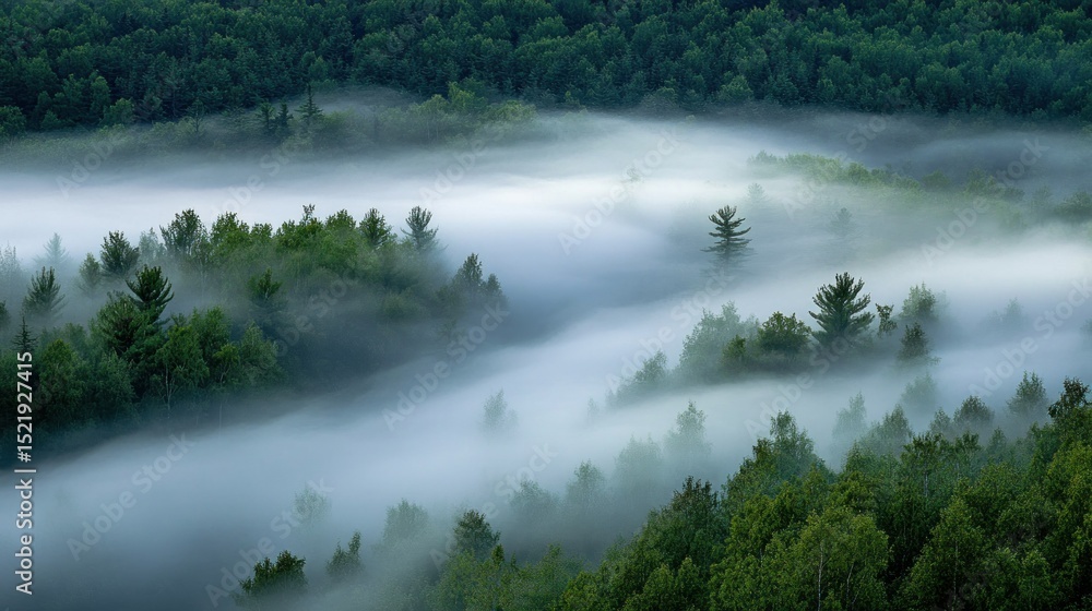 Fototapeta premium Dense fog over a lush green forest creates beautiful atmosphere