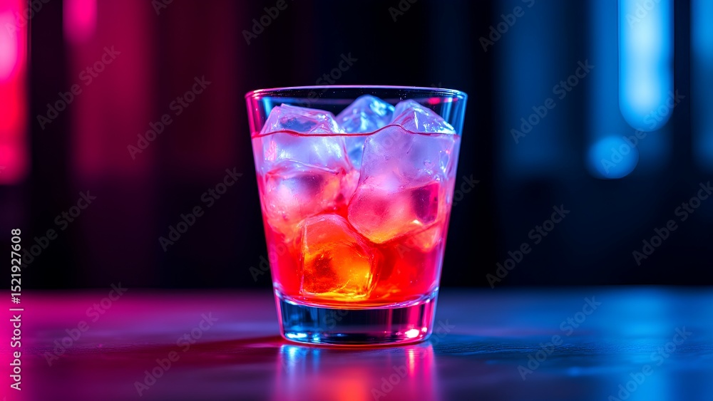 A glass of cocktail with ice cubes is illuminated by vibrant neon lights in a modern bar setting. A glass of cocktail with ice cubes is illuminated by vibrant neon lights in a modern bar setting.
