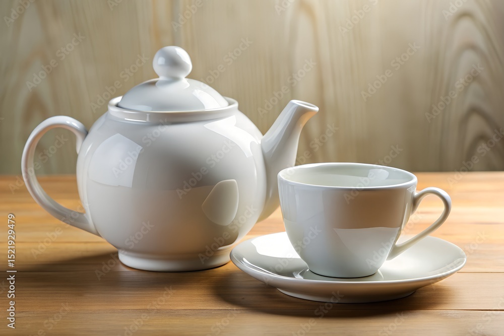 Elegant tea time with porcelain teapot and cup on wooden table creating perfect peaceful tea break scene Elegant tea time with porcelain teapot and cup on wooden table creating perfect peaceful tea break scene