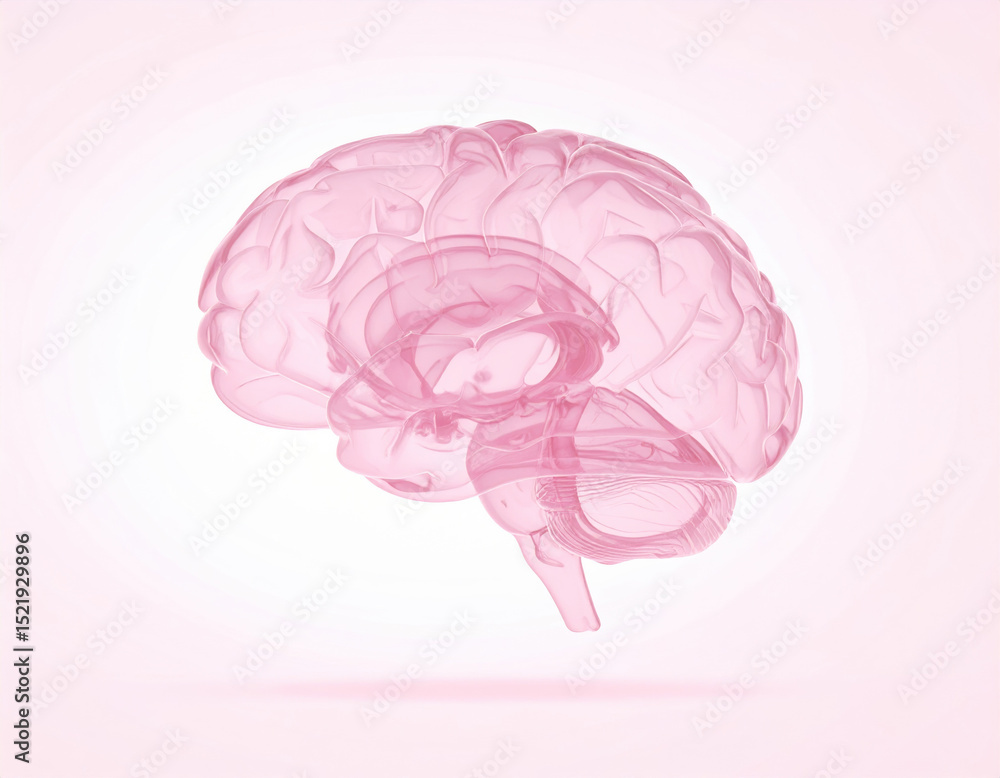 Translucent human brain rendered in soft pastel pink hue floats gracefully in space, showcasing high fidelity and intricate details that evoke sense of wonder and curiosity Translucent human brain rendered in soft pastel pink hue floats gracefully in space, showcasing high fidelity and intricate details that evoke sense of wonder and curiosity