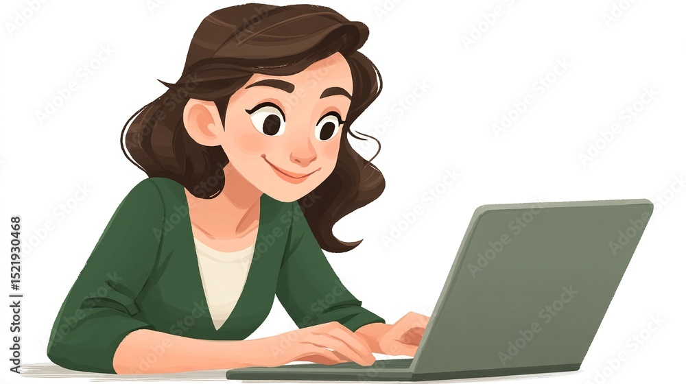 Smiling Woman Working on Laptop Illustration Smiling Woman Working on Laptop Illustration