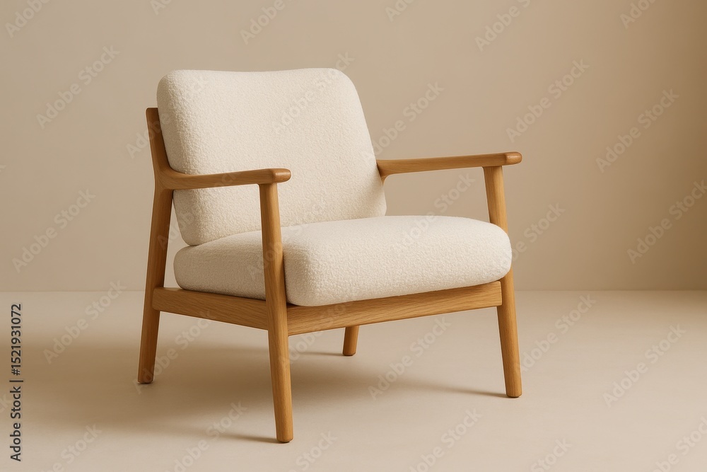 Elegant minimalist light oak wood armchair with plush white boucle upholstery, showcased against a soft neutral backdrop, perfect for high-end interior design mockups and furniture catalogs. Elegant minimalist light oak wood armchair with plush white boucle upholstery, showcased against a soft neutral backdrop, perfect for high-end interior design mockups and furniture catalogs.