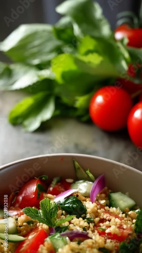 Close-up view of tabbouleh salad with fresh mint, tomatoes, cucumbers, red onion and couscous served in a bowl.