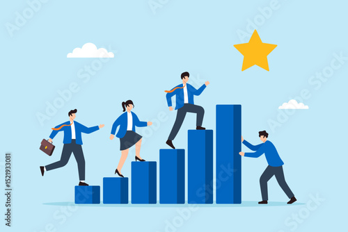 Flat illustration of business leader building bar chart staircase for team to reach startup success goal