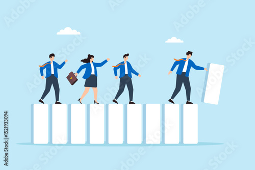 Flat illustration of business leader placing domino tiles to build workflow path while team follows