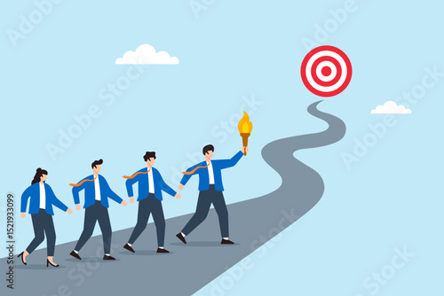 Flat illustration of business leader guiding team on winding road with torch toward strategic goal