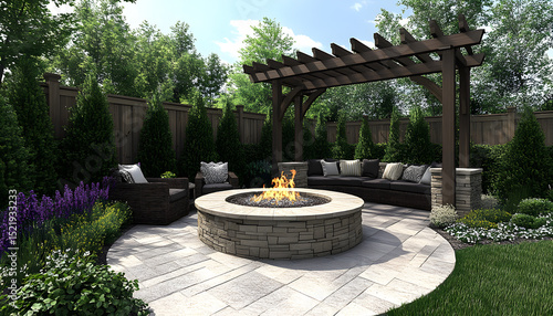 fStunning backyard hardscape featuring a stone patio, fire pit, and pergola, creating a perfect outdoor living space with natural stone accents and a cozy ambianceuu