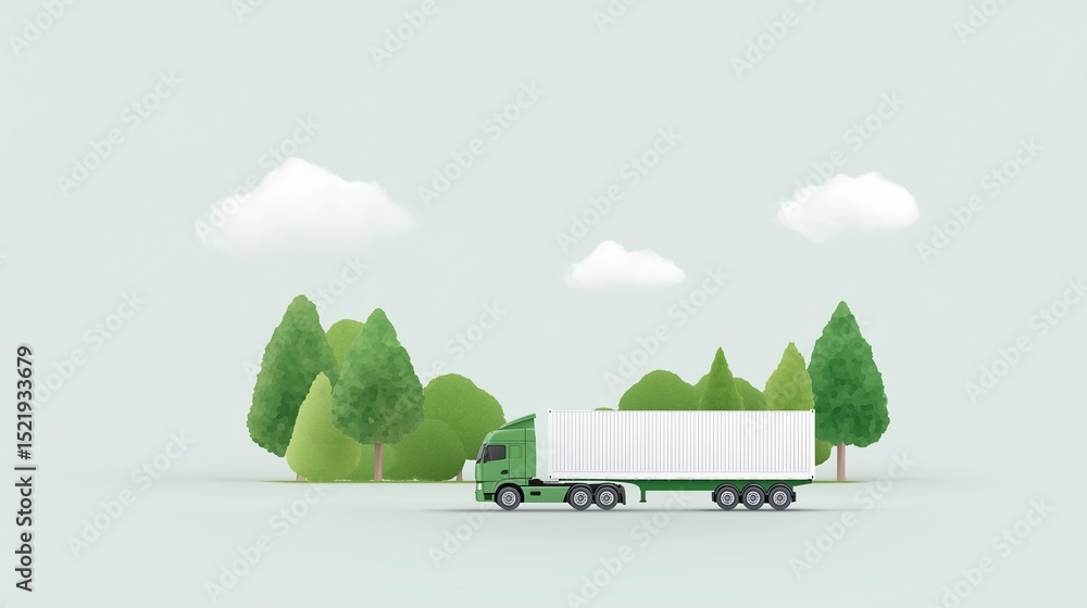 Obraz premium Green delivery truck with white container driving through a serene landscape featuring stylized trees and clouds, illustrating transportation and logistics in a modern environment