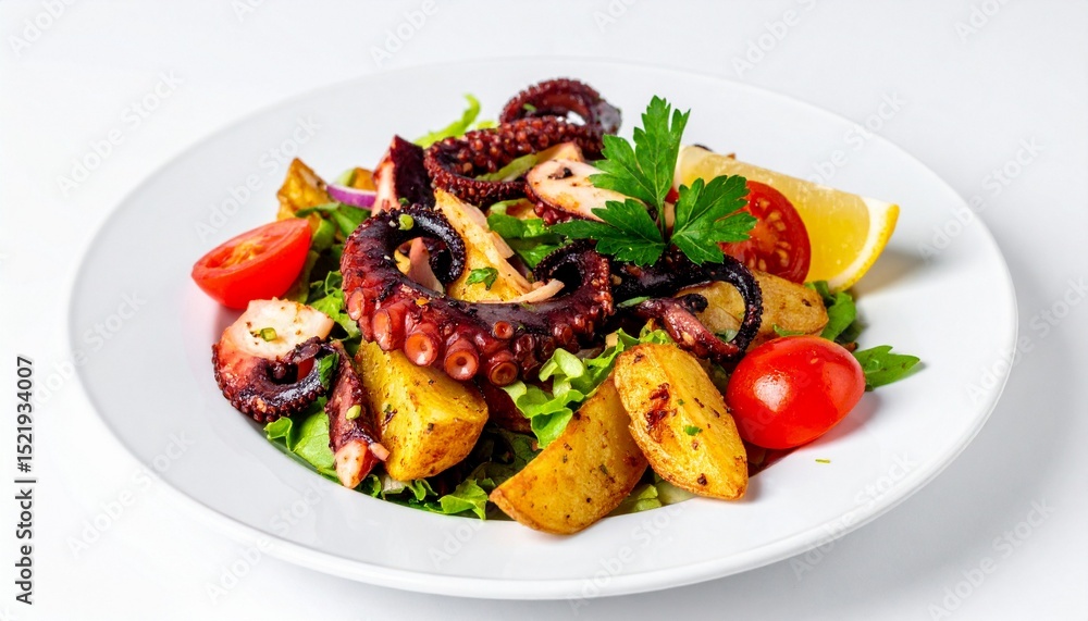 Warm salad with octopus, potatoes, tomatoes and lemon on a white plate. Close-up, white background. Warm salad with octopus, potatoes, tomatoes and lemon on a white plate. Close-up, white background.