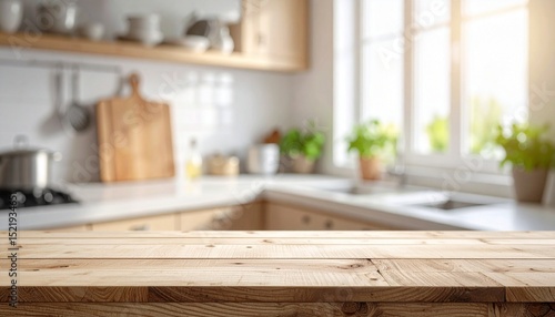  Free space table top background on blurred kitchen window interior 